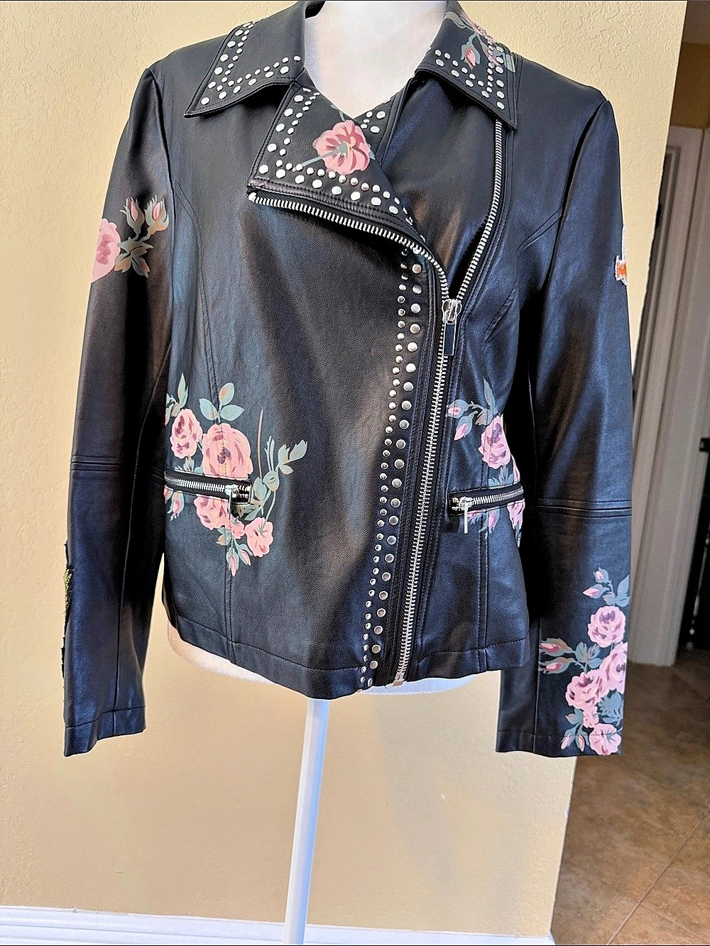 Floral Studded Moto Jacket in Black & Pink Like New